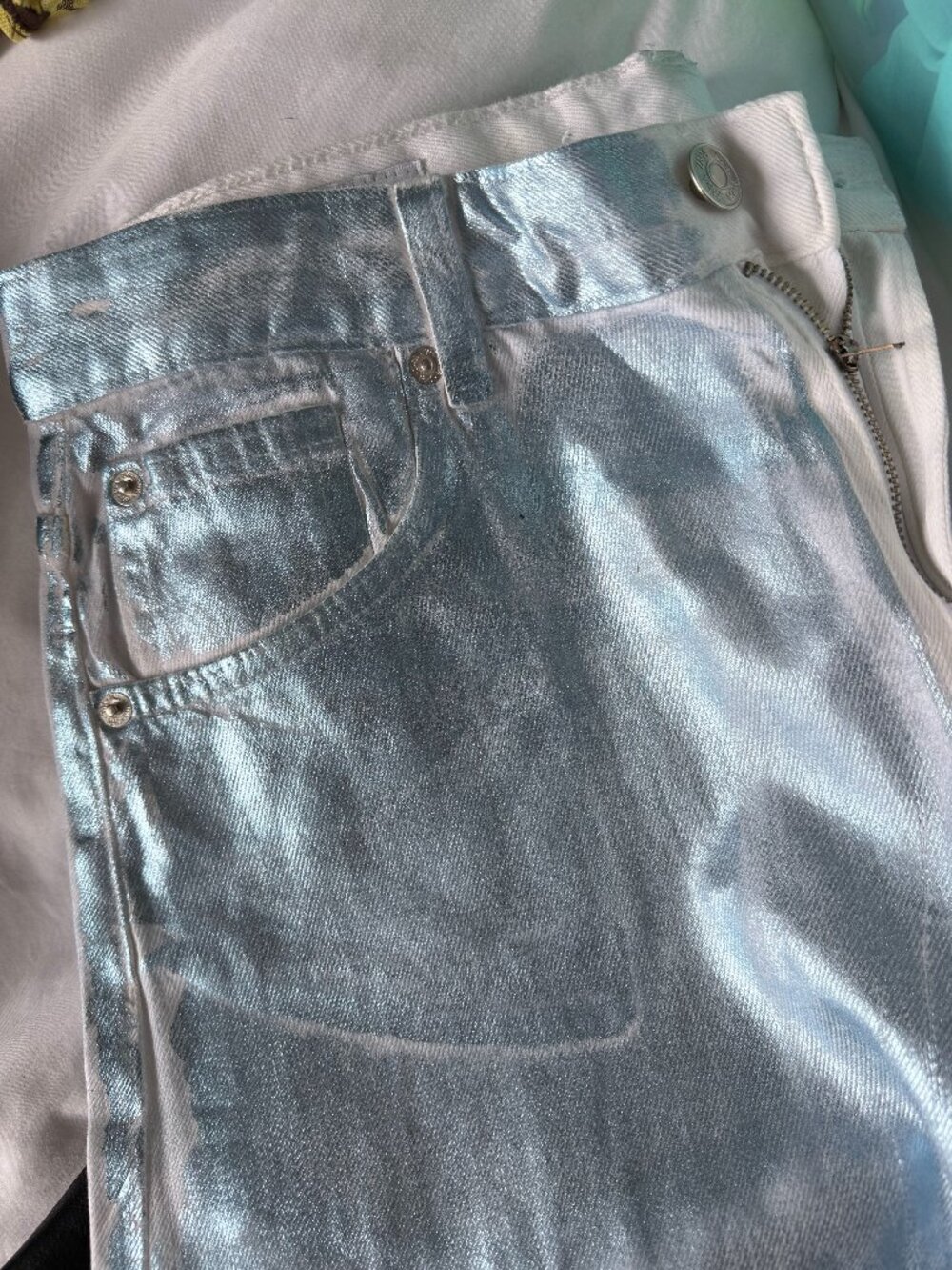 Zara Mid-Rise Metallic Shimmer Light Blue Jeans Size